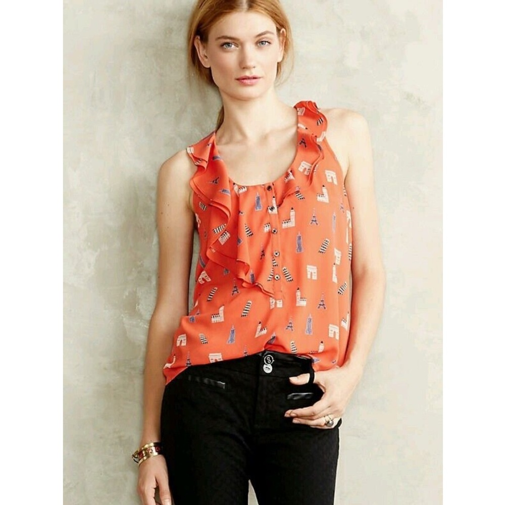 Maeve Anthropologie Aurelie Landmarks Orange Sleeveless Ruffle Top 0 Travel